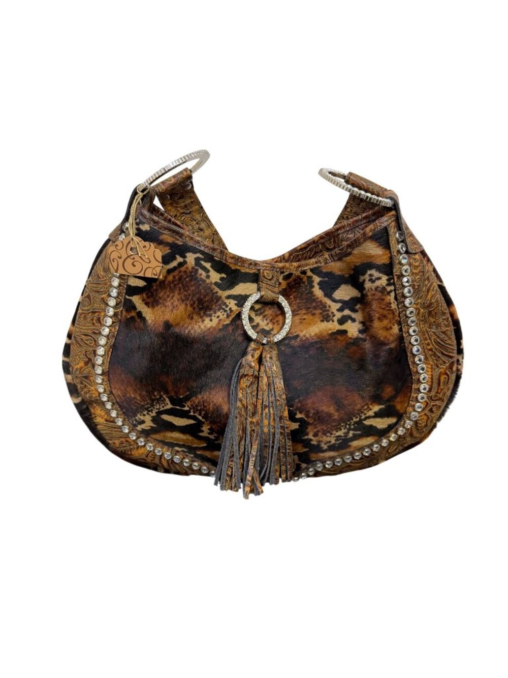 Raviani Brown Animal Print Handbag With Rhinestone Accents